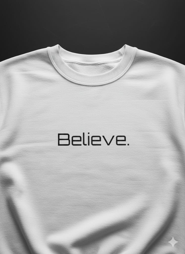 Believe.” Minimalist White Premium Sweatshirt – Unisex Winter Streetwear