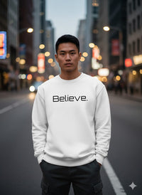 Believe.” Minimalist White Premium Sweatshirt – Unisex Winter Streetwear