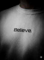 Believe.” Minimalist White Premium Sweatshirt – Unisex Winter Streetwear
