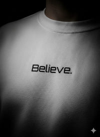 Believe.” Minimalist White Premium Sweatshirt – Unisex Winter Streetwear